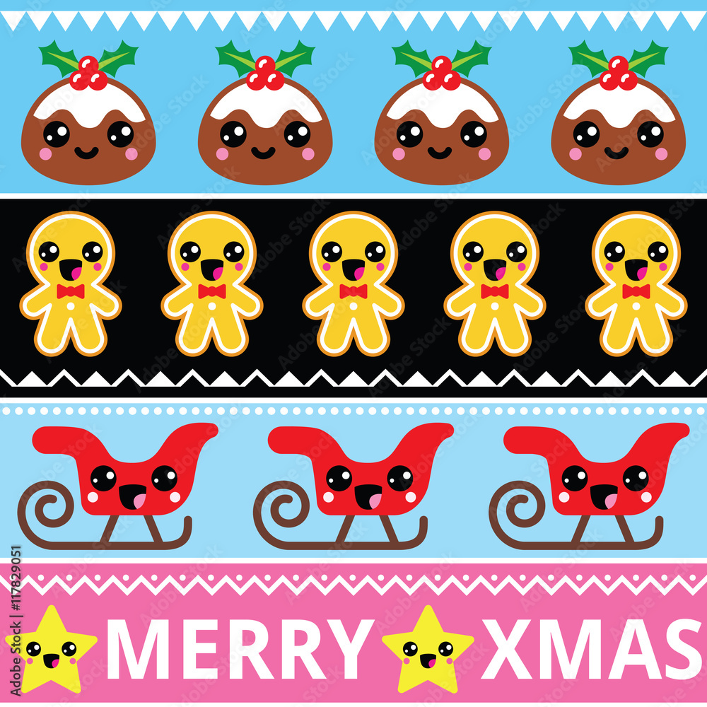 Naklejka premium Christmas cute Kawaii seamless pattern with happy characters 