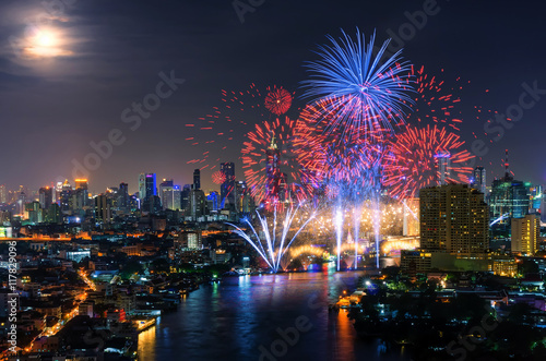 Bangkok cityscape with fireworks.