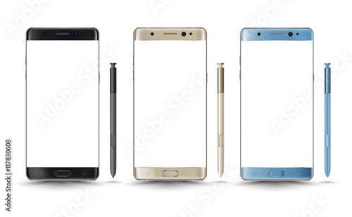 Perfectly detailed new smartphones galaxy note 7 style isolation with digital pen. Vector illustration.