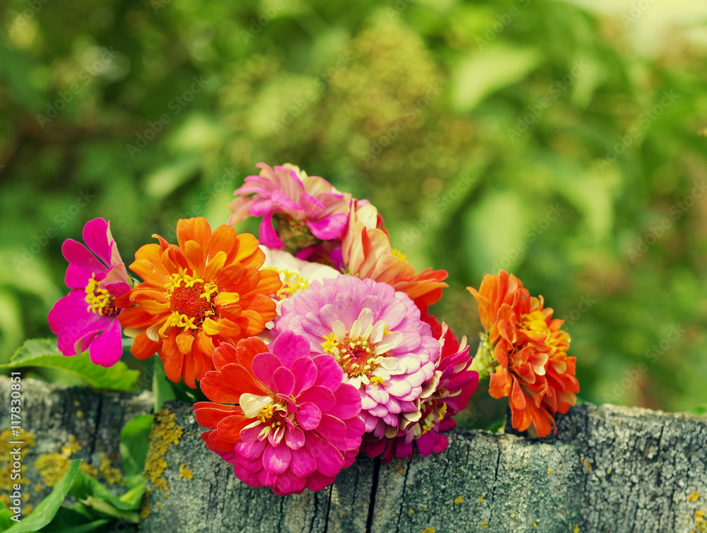 Bright summer flowers on an old wooden surface. Summer background with flowers. Soft focus Bright summer flowers on an old wooden surface. Summer background with flowers. Soft focus