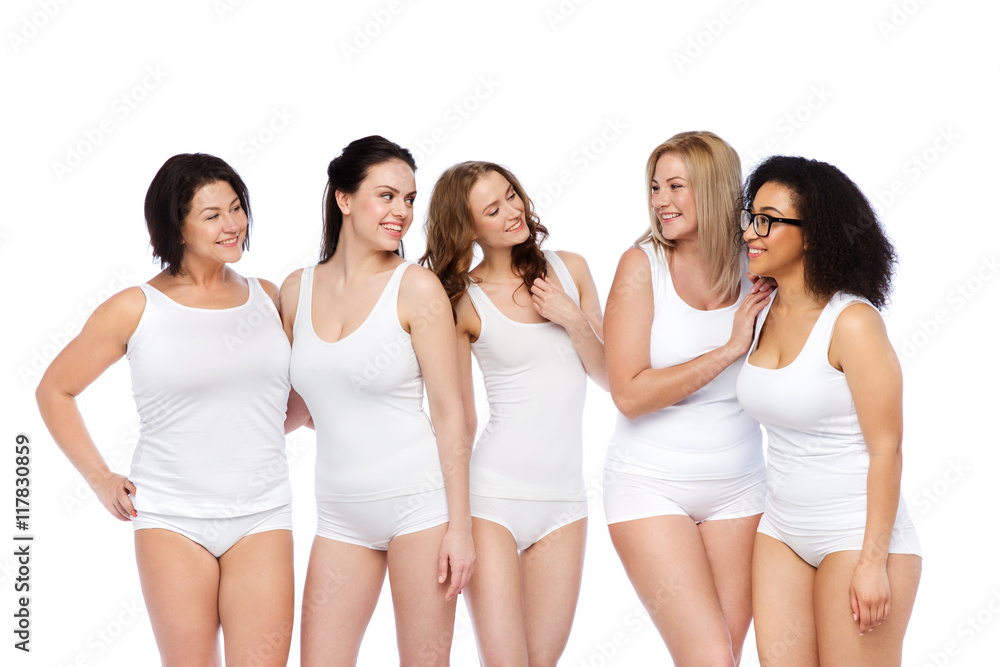 group of happy different women in white underwear group of happy different women in white underwear