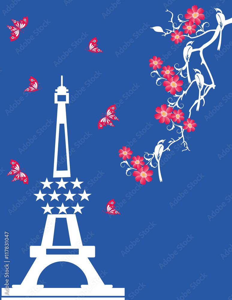 tree branches with birds and eifell tower