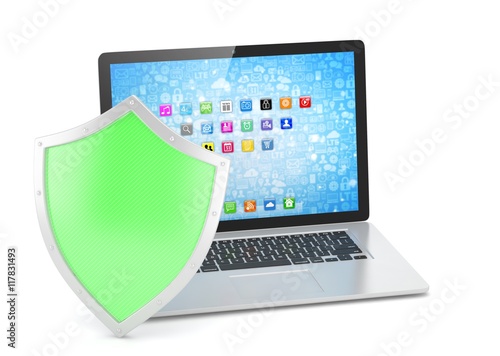 Free Download Laptop and shield on white, computer security concept. 3d rendering. - GFXLoad