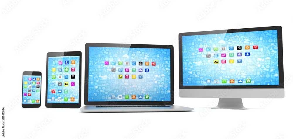 Responsive web design, laptop, smartphone, tablet, computer, display. 3d rendering. Responsive web design, laptop, smartphone, tablet, computer, display. 3d rendering.