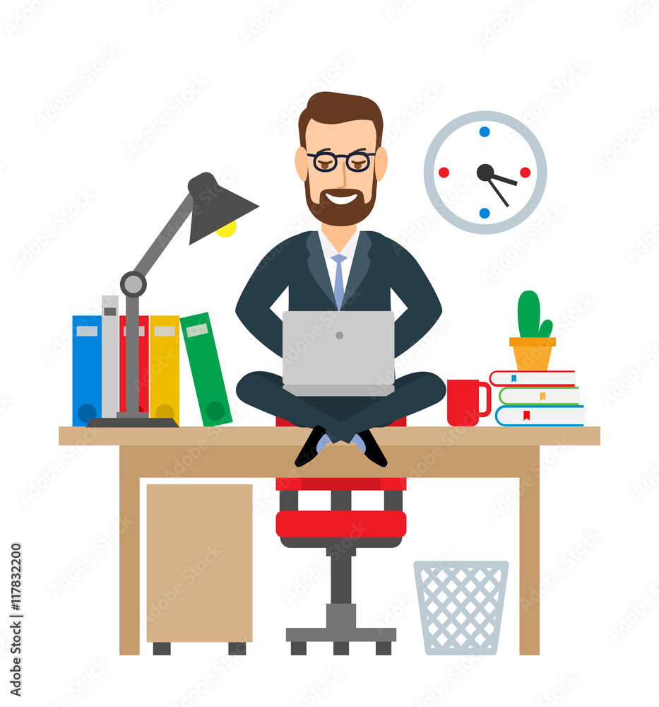 businessman office worker sitting in yoga pose in office and working on notebook isolated on white background