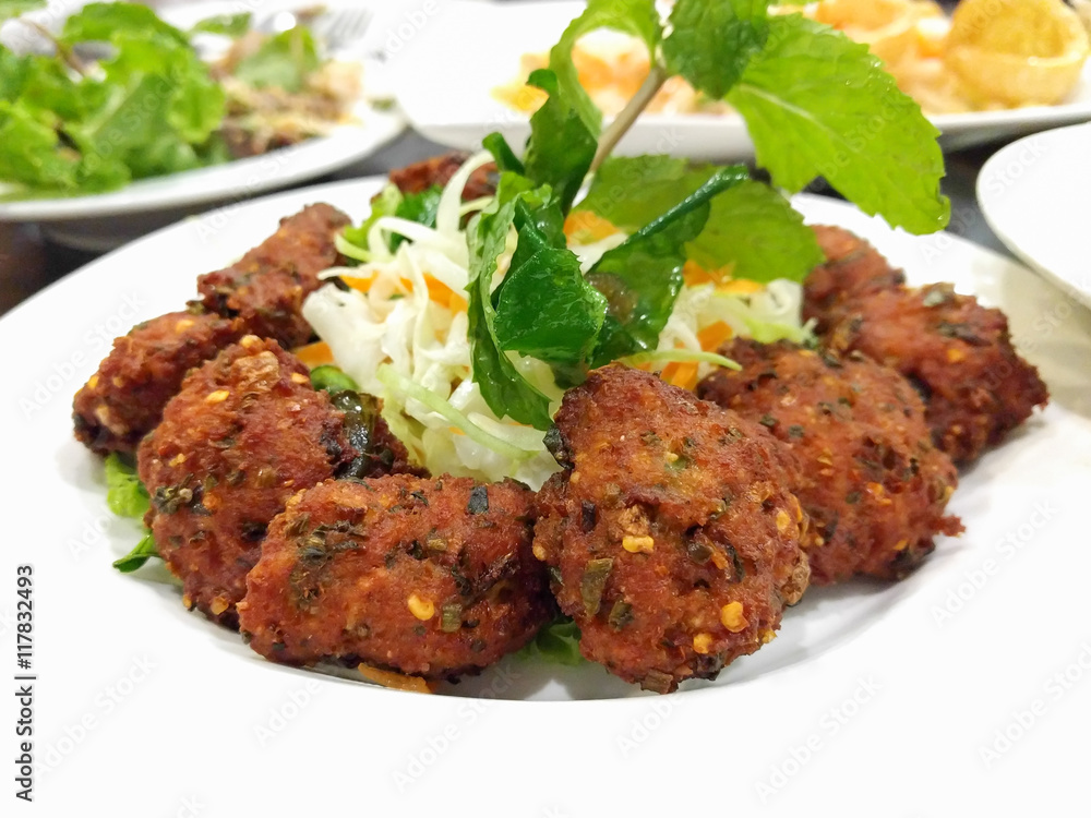 Fried spicy minced pork balls, Thai food Fried spicy minced pork balls, Thai food