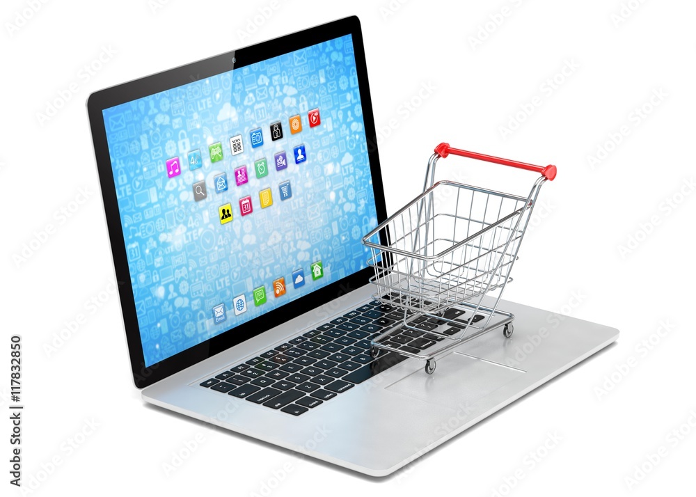Shopping cart on laptop. 3d rendering.