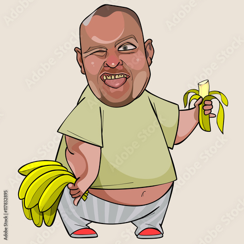 cartoon fat man with a banana in his hand showing tongue