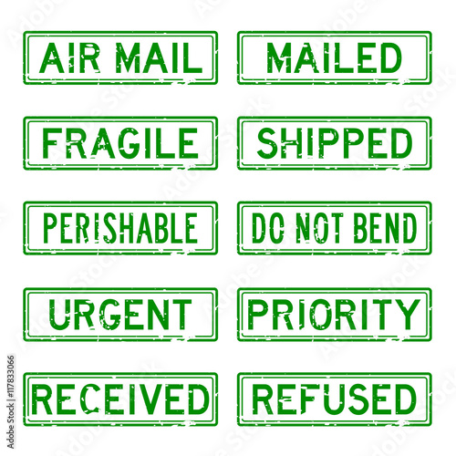 Grunge green rubber stamp set for mail service