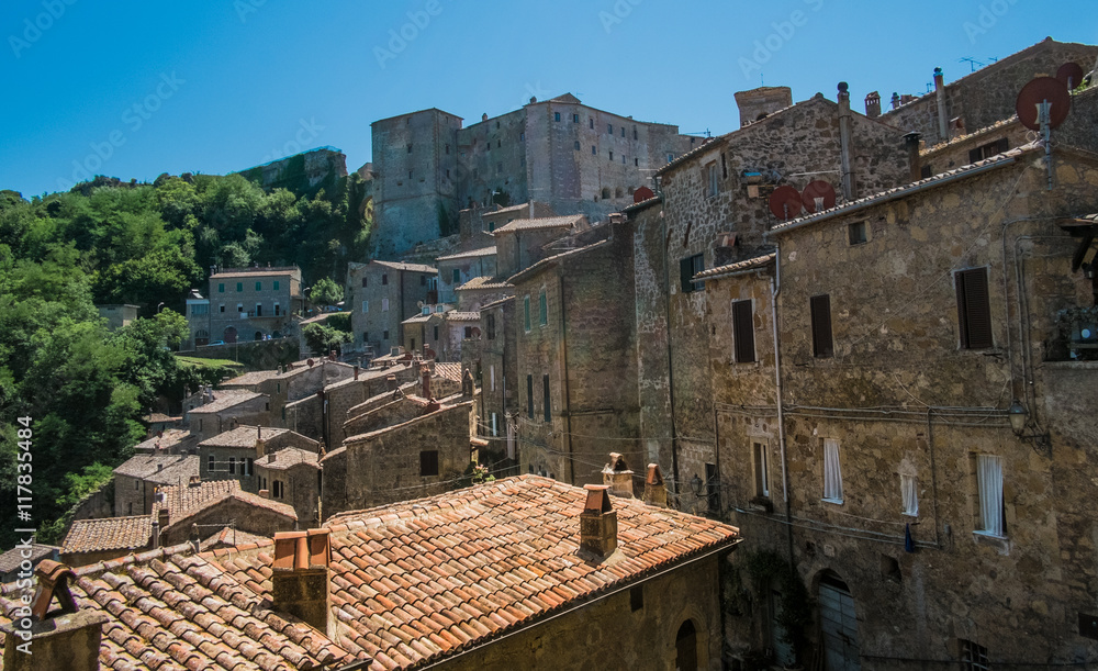 Beautiful view of rooftops in Sorano Tuscany