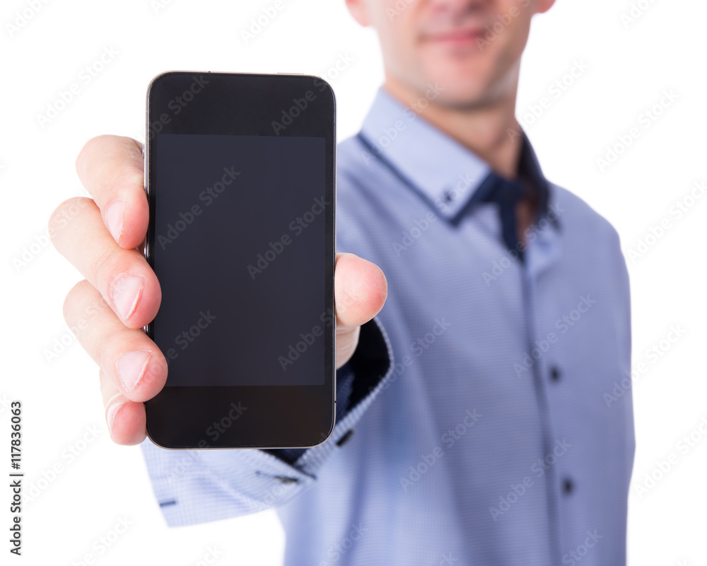 business man showing smart phone with blank screen isolated on w business man showing smart phone with blank screen isolated on w