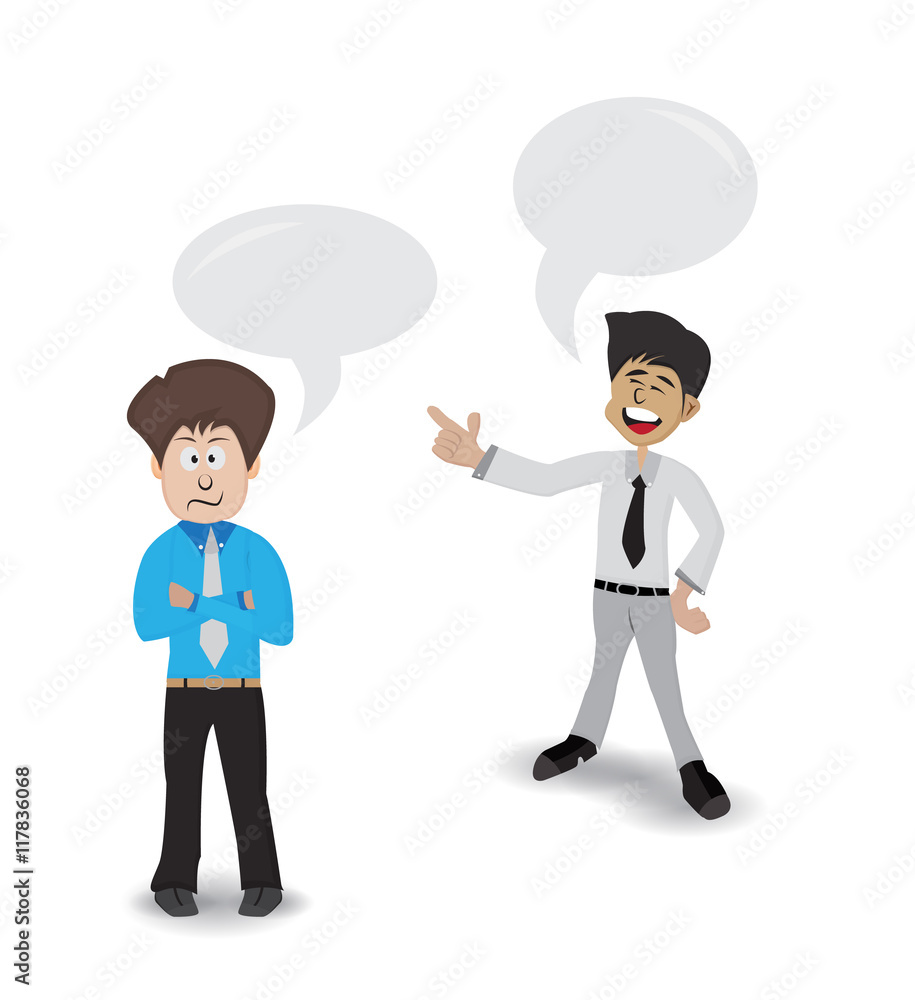 business man standing laughing on his friend business man standing laughing on his friend