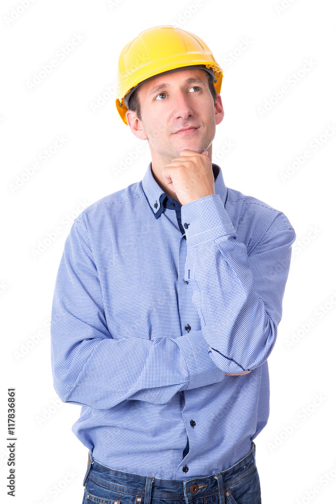 middle aged handsome business man or architect in yellow builder middle aged handsome business man or architect in yellow builder