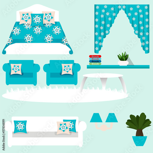 Bedroom interior vector illustration. A set of furniture for the interior