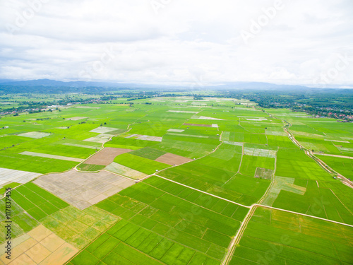 Aerial view of rice field in northern Thailand