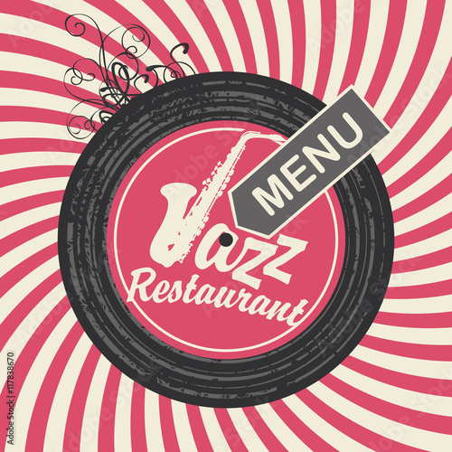 jazz restaurant menu with sax on vinyl in retro style