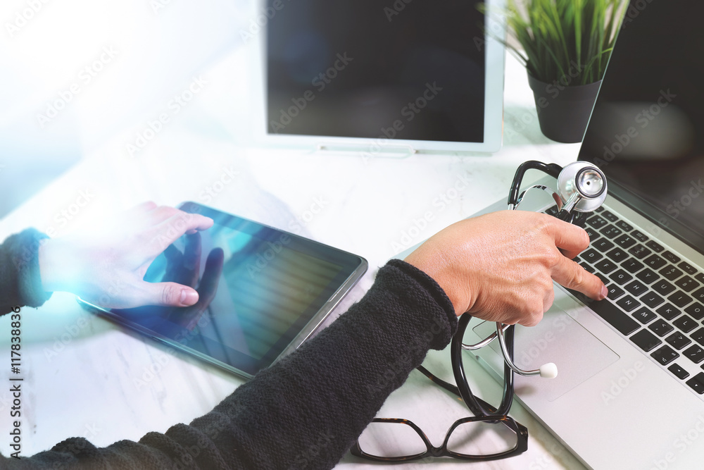 Fototapeta premium Medical network technology concept. Doctor hand working with ste