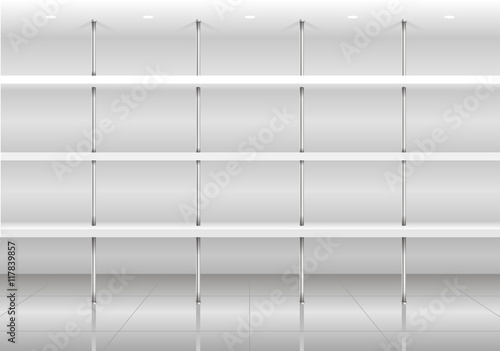 White shelves for the store or supermarket goods with chrome studs. Vector graphics