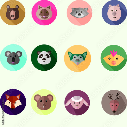 Set of round icons with different wild and domestic animals, fla