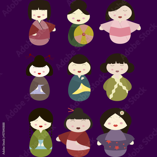 Cute illustration of japan dolls, vector kokeshi dolls