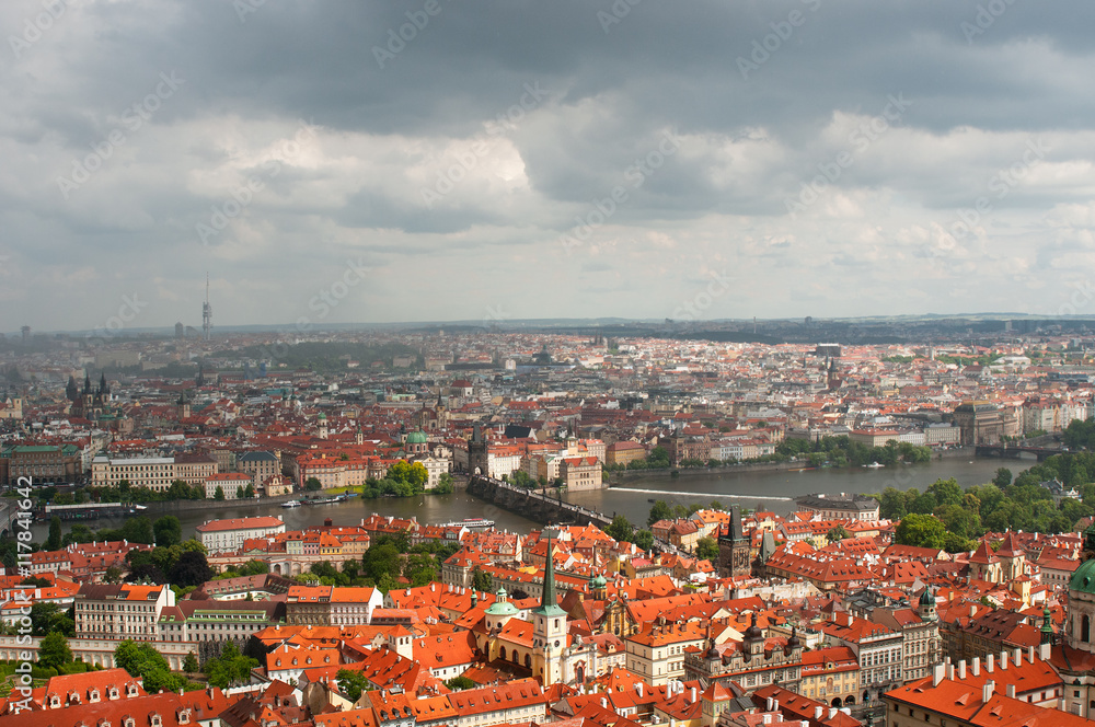 View above on city landscape in Prague, Czech Republic