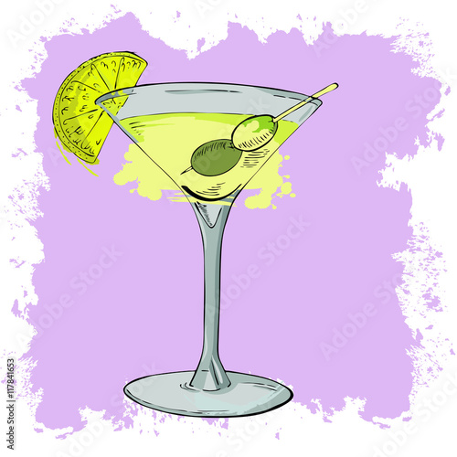 Glass of cocktail or vermouth with lemon slice and olives. Cartoon sketch drawn by ink. Pastel lilac background. Hand drawn vector illustration.
