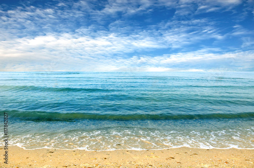 Fototapeta Naklejka Na Ścianę i Meble -  Black sea beach blue sky sand sun daylight