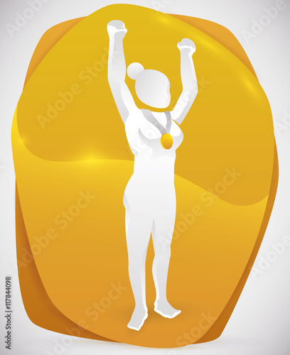 Poster with Beauty Medalist Celebrating her Triumph, Vector Illustration