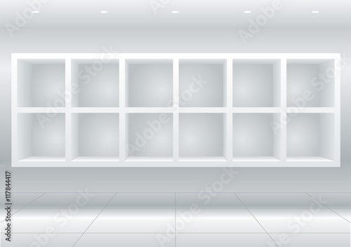 White cell furniture or display cases for goods, shelves for goods or library