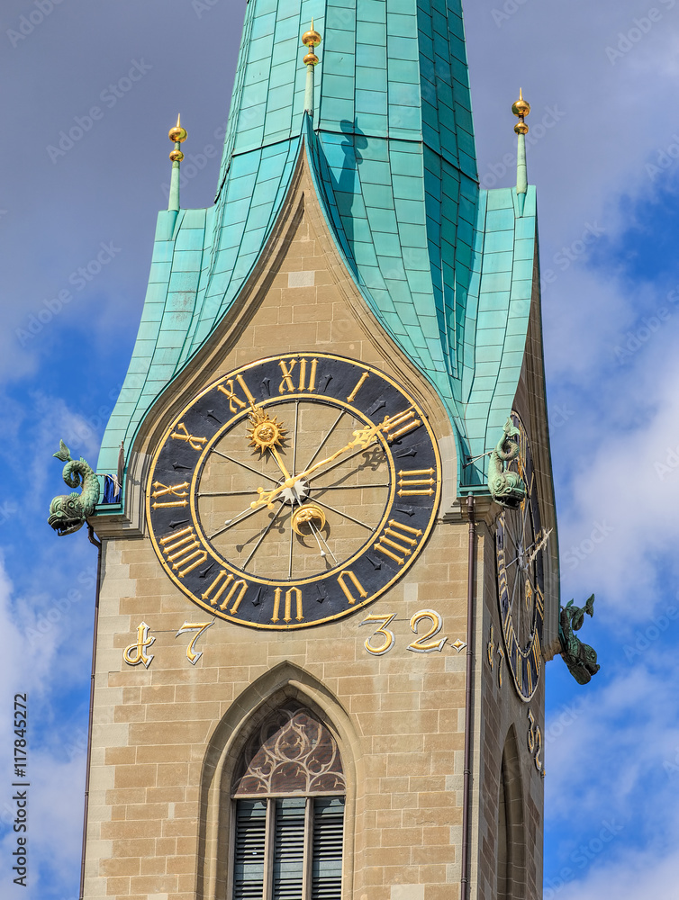 Clock tower of the Fraumunster Cathedral in the city of Zurich