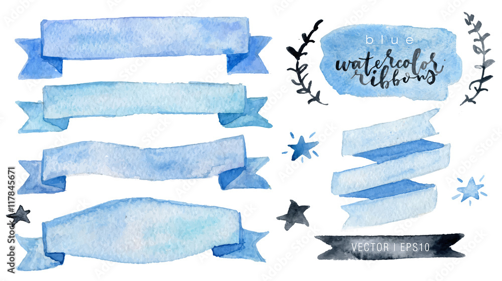 Watercolor vector collection blue ribbons, label, floral elements