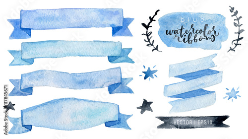 Watercolor vector collection blue ribbons, label, floral elements, stars. Hand drawn watercolor design elements isolated on white background.