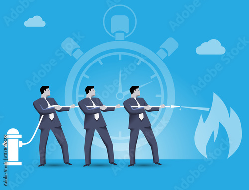 Business concept of teamwork and business team fighting crisis together. Three businessmen trying to extinguish the fire of crisis working together under time pressure.