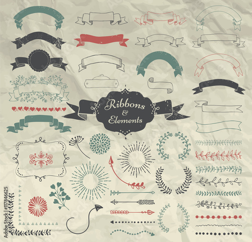 Vector Hand Drawn Design Elements and Ribbons Set