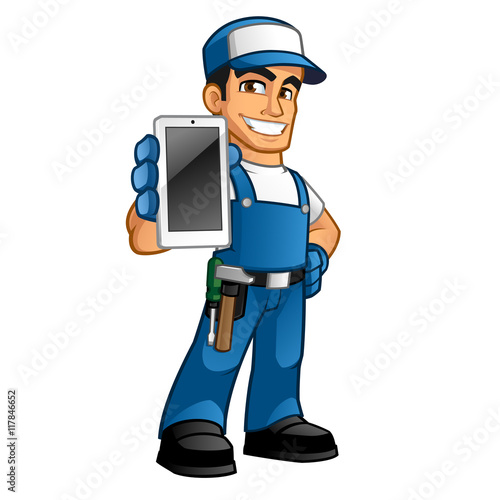 Handyman wearing work clothes and a belt, he has a smartphone
