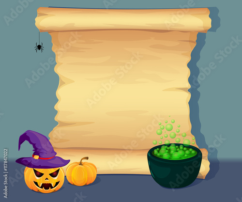 Halloween banner blank card with a paper scroll and the boiler