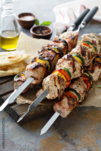 Pork and vegetable kebabs photo