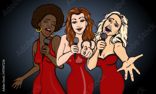 vector illustration of a three singing  woman . karaoke party . copy space