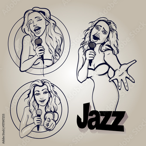 vector illustration of a three singing  woman . karaoke party . copy space