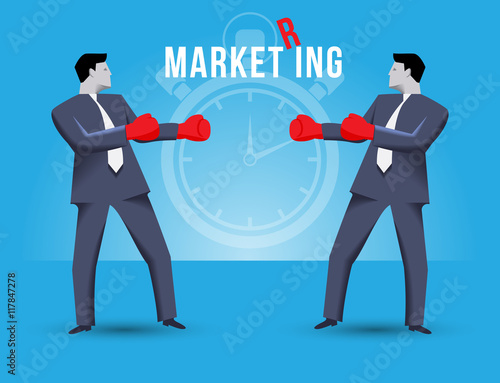 Market ring business concept. Two businessmen standing against each other, wearing boxer gloves and ready to fight. Time is ticking and fight will begin shortly on MARKET RING.