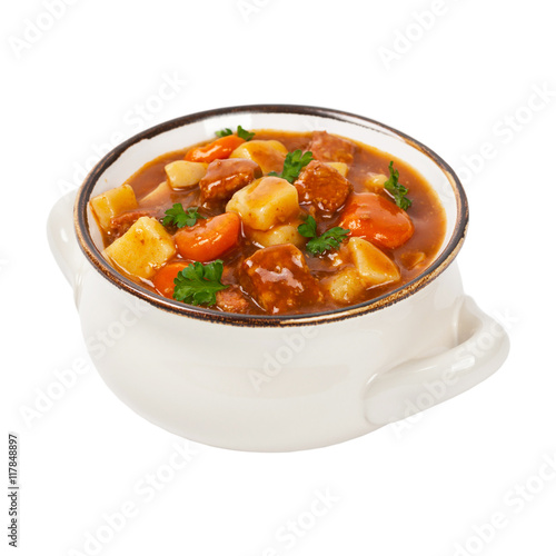 Beef Stew Isolated on white. Selective focus.