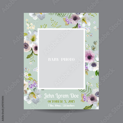 Baby Arrival or Shower Card - with Photo Frame and Vintage Lily