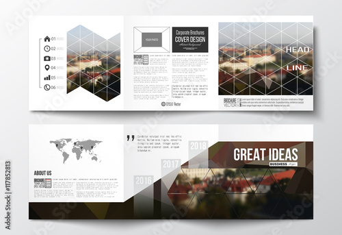 Vector set of tri-fold brochures, square design templates. Polygonal background, blurred image, urban landscape, Prague cityscape, modern triangular texture
