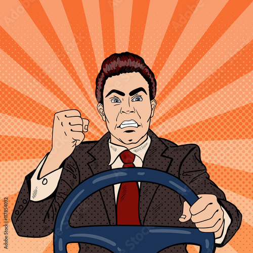 Angry Driver Man Showing his Fist Road Rage. Pop Art Vector illustration
