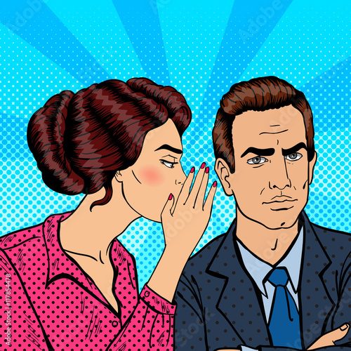 Young Woman Whispering Secret to her Husband. Pop Art Vector illustration