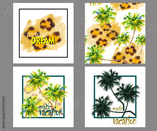 Tropical print for tee shirt . Palm leafs and leopard spot in the frame. Typographic design artwork. poster or card, decor for home, pillow.