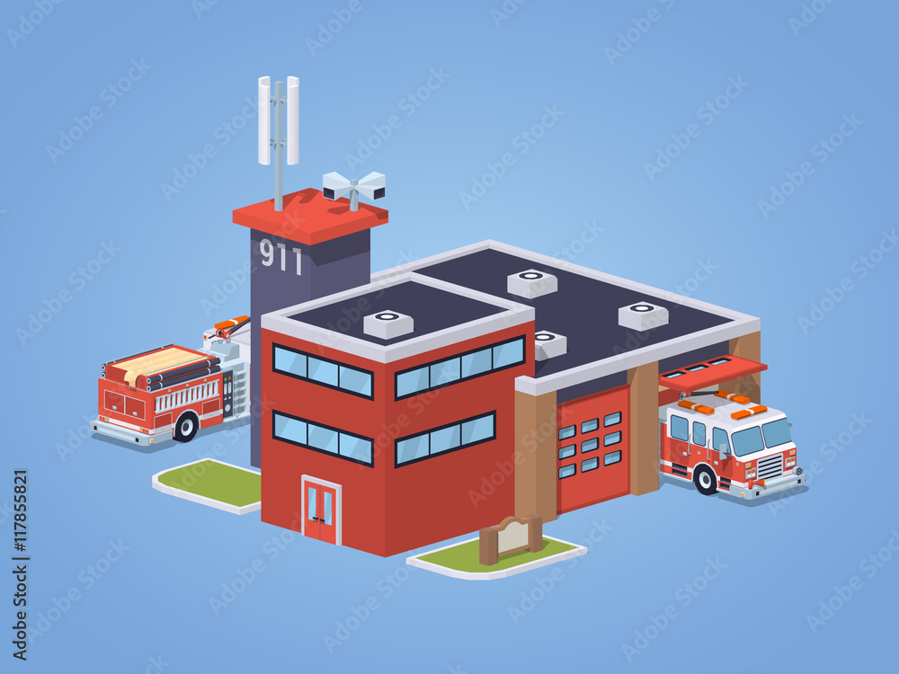 Fire station against the blue background. 3D lowpoly isometric vector illustration
