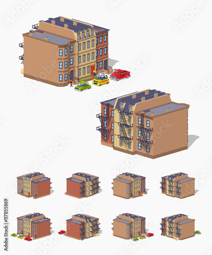 Brownstone town house. 3D lowpoly isometric vector illustration. The set of objects isolated against the white background and shown from different sides
