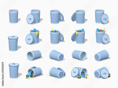 Set of the trash cans. 3D lowpoly isometric vector illustration. The set of objects isolated against the white background and shown from different sides