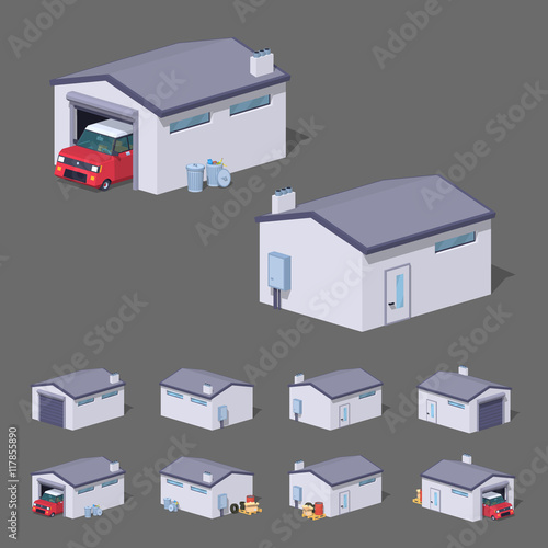 White garage. 3D lowpoly isometric vector illustration. The set of objects isolated against the grey background and shown from different sides